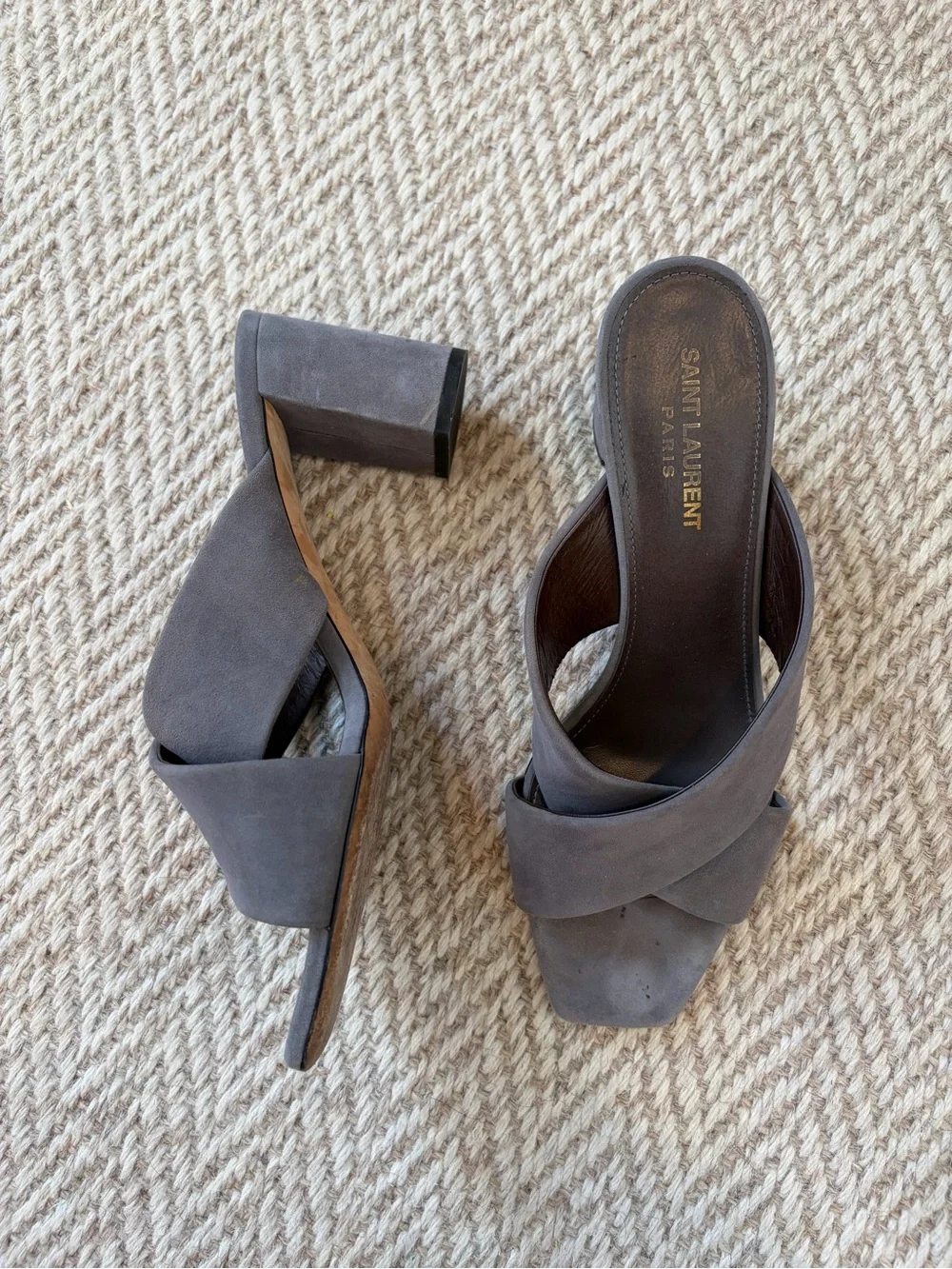 Like New! Saint Laurent Gray Suede Crisscross Mules | Size 40 - Picture 2 of 5